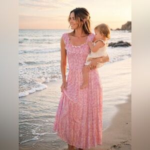 Bums and Roses Women’s Bamboo Pink Floral Ruffle Maxi Dress Size L NWOT